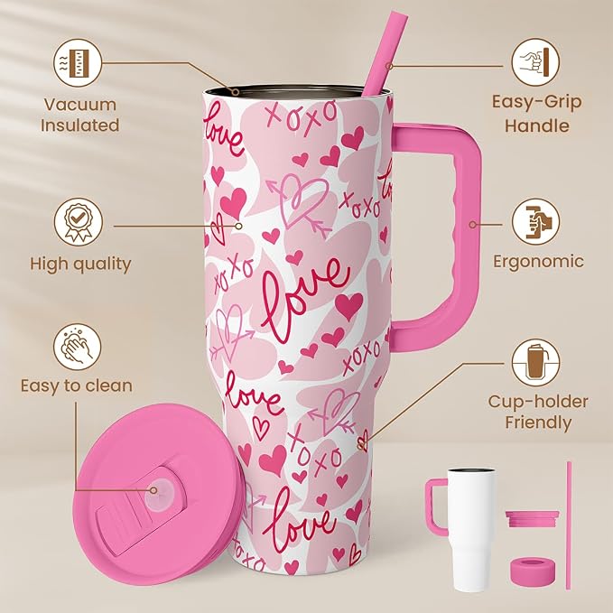 SANDJEST Heart Tumbler with Handle 40oz, Valentines Stainless Steel Insulated Tumblers Coffee Travel Cup with Straw Lid, Gifts for Women Girl