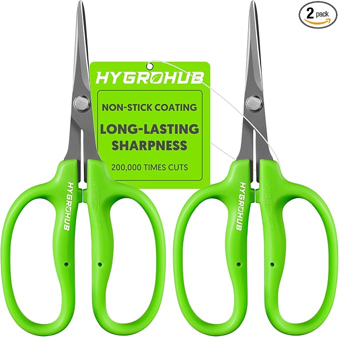 Garden Scissors, 2 PCS, Straight Blade + Curved Blade, 6-in, Easy to Clean | Non-stick Coated Steel Sharp Pruning Shear, Garden Snips for Plants, Herbs, Flowers in Grow Tent and Hydroponics