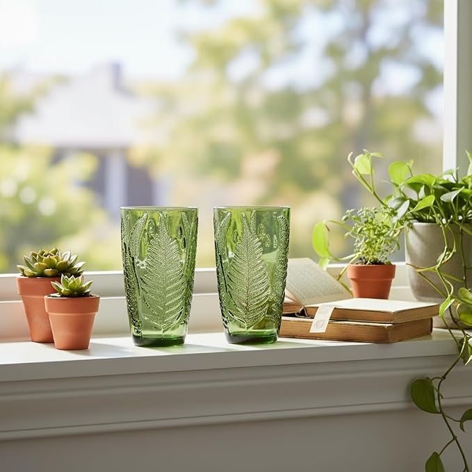 Green Drinking Glasses Set of 8, 12 oz Glass Cups, Vintage Fern Glassware | Hand-Pressed, Dishwasher Safe, Boho Leaf-Textured Drinkware, Embossed Highball Tumblers for Water, Retro Kitchen Gift