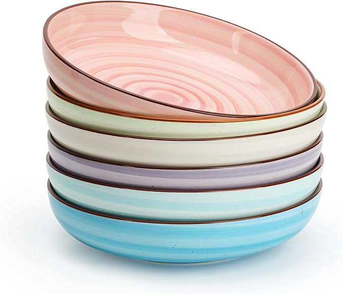KitchenTour Large Ceramic Pasta Bowls, 34 oz Salad Serving Bowls, Set of 6 | Wide and Shallow Dinner Plate Bowls for Soup, 8.6 Inch, Dishwasher and Microwave Safe, Pastel Swirl