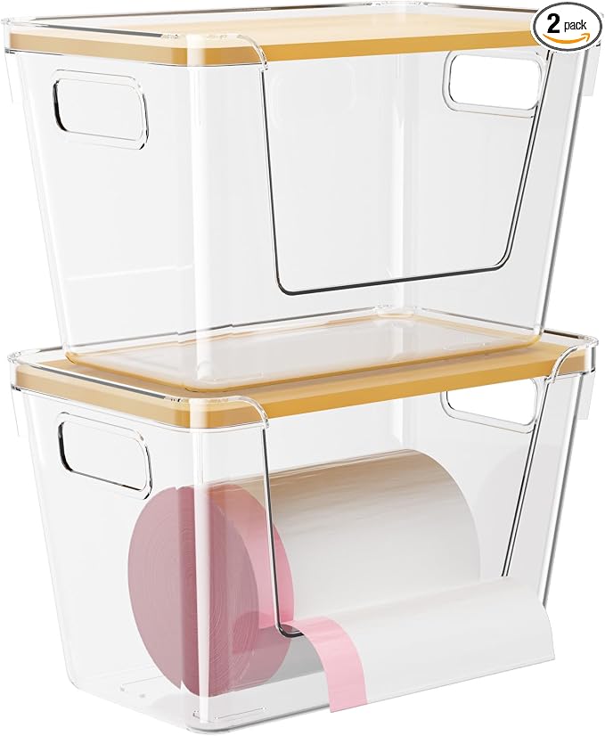 Delamu 2 Pack Trash Bag Dispenser, Stackable Garbage Bag Holder | Clear Acrylic Organizer Bins for Under Sink Organization, Pantry Storage, Cabinet, Kitchen, Laundry, Bathroom