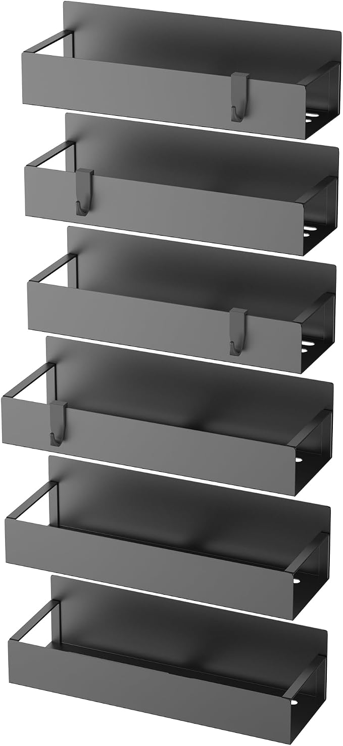 Metal Magnetic Spice Rack for Refrigerator Black, 6 Pack | Magnetic Shelves Heavy Duty for Fridge in Kitchen, Seasoning Storage Organizer, For Oven Washer and Dryer, For Heavier Items