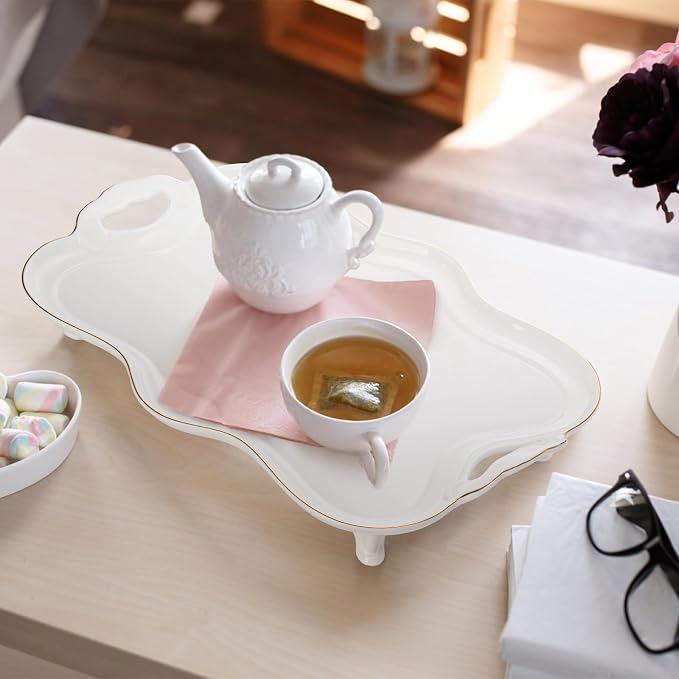Tlence 16" Large Ceramic Serving Tray with Handles, Footed Rectangular Coffee Table Tray with Gold Rim, Vintage Decorative Platter for Tea, Perfume and Ottoman, Living Room Decor