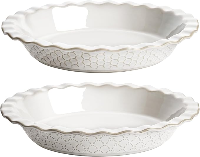 LE TAUCI Pie Pans for Baking 9 Inch, Ceramic Pie Plate for Apple Pie, Round Baking Dish Oven Safe, Embossment Housewarming Wedding Present - 36 OZ, Set of 2, Fireworks + Honey Comb, Arctic White