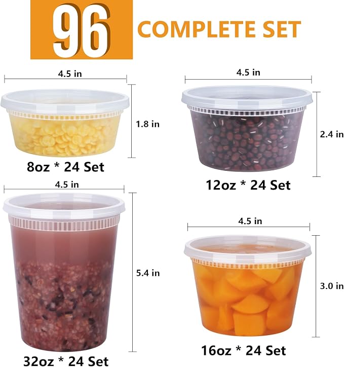96 Pack (192-Piece) Deli Containers with Lids, 32/16/12/8 oz X 24 Set Each | Leak-Proof & BPA Free Airtight Takeout Plastic Food Storage Containers for Soup, Meal Prep, Microwave/Freezer Safe