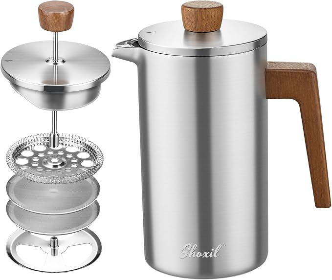French Press Coffee Maker, 34oz Stainless Steel Coffee Press Real Wood Handle, Double Wall Insulated French Coffee Press with Dual-Filter Screen, Perfect for Camping & Kitchen Use