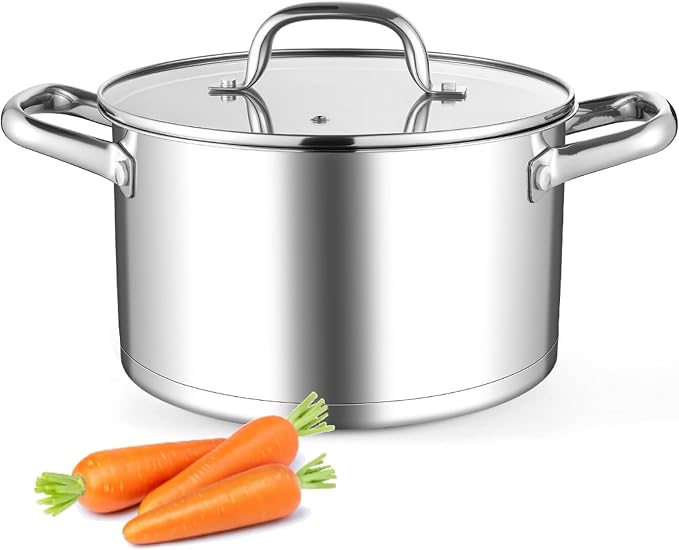 Leonyo 6QT Stock Pot with Lid, Stainless Steel Cooking Stockpots Induction | Visible Lid & 3-Ply Base for All Stoves, Heat-conducting & Heavy-Duty