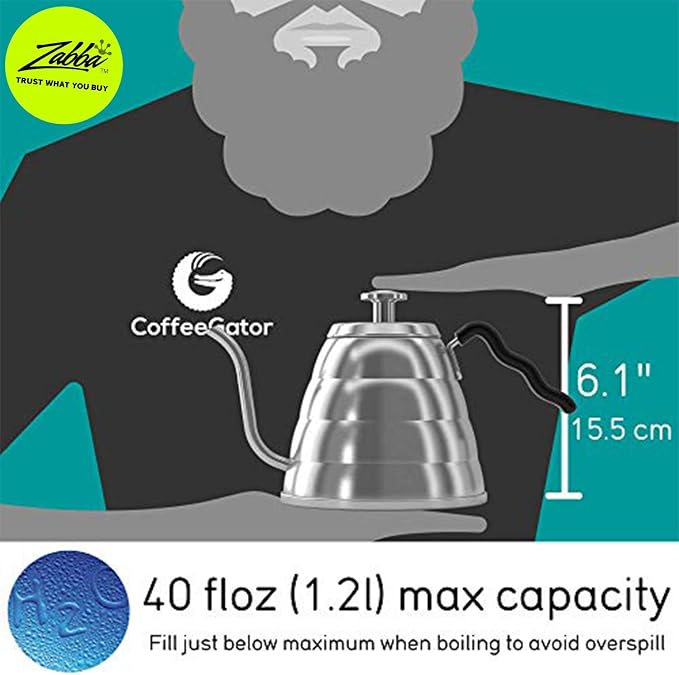 Coffee Gator Gooseneck Kettle with Thermometer - 34oz | Stainless Steel Pour Over Coffee Maker, Stove Top, w/Precision Drip Spout, for Drip , French Press, Tea Kettle, 4 Cup, 1L
