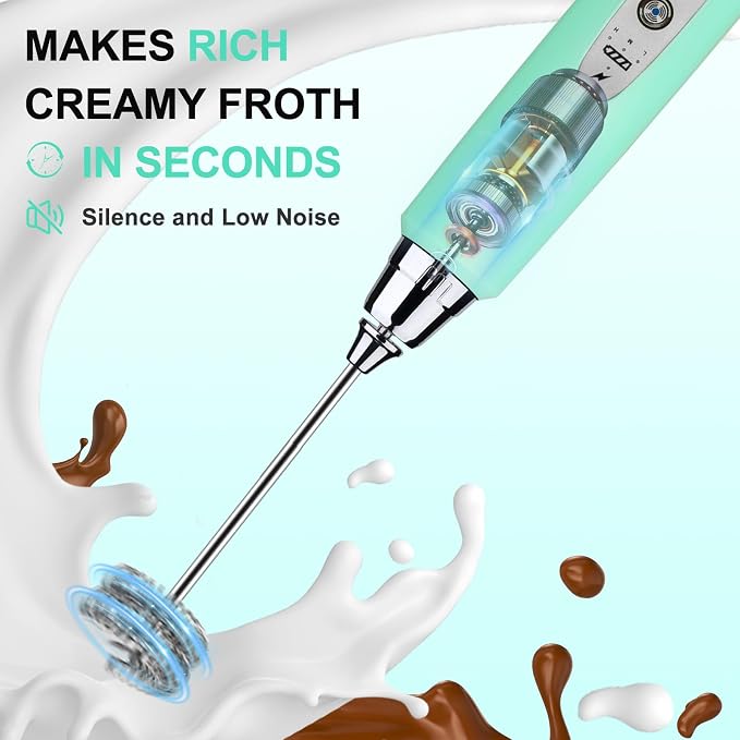 YUSWKO Handheld Milk Frother Wand for Coffee, Rechargeable Electric Whisk with 3 Heads 3 Speeds Drink Mixer Coffee Frother For Latte, Cappuccino, Hot Chocolate, Egg, Baby Blue