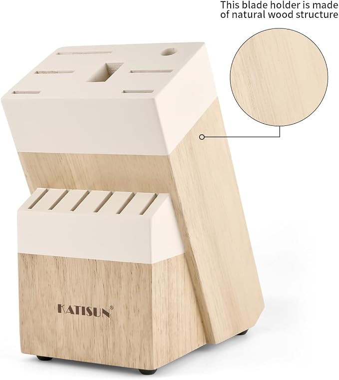 14-Piece Cream German Steel Kitchen Knife Block Set | Hammered Non-Stick Blades with 10° Precision Edge. Features Triple-Riveted Full Tang Handles, Shears & Natural Wood