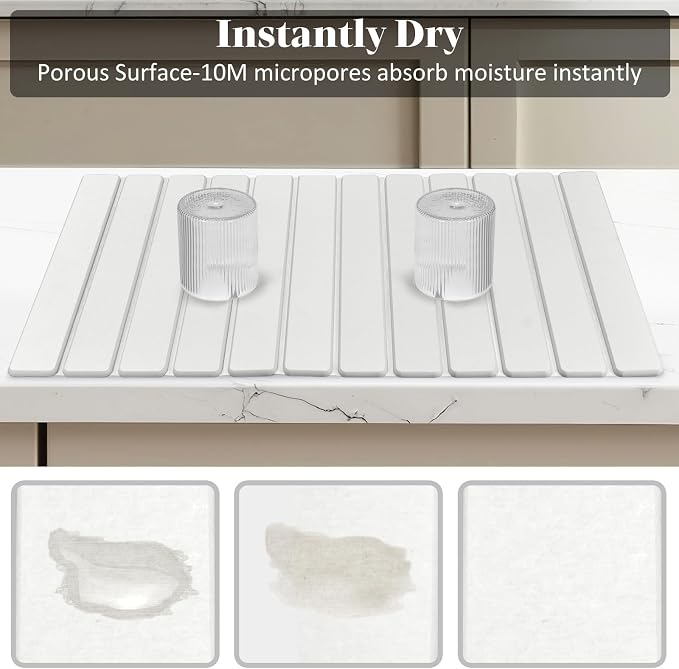 Large Stone Dish Drying Mat for Kitchen Counter, Foldable Quick Drying Dish Mats, Ultra Absorbent Diatomaceous Earth Mats for Dishes Bottles Cups, Match Any Countertop (White 28"×16" & 8"x4")