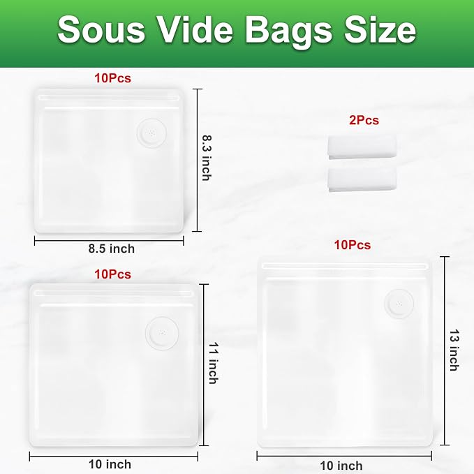 Higfra Sous Vide Bags 30 Pcs & 2 Seal Clips, Upgraded Valve Reusable BPA Free Vacuum Sealer Bags Vacuum Food Storage Bags for Cooking, Food Storage, Microwave Heating