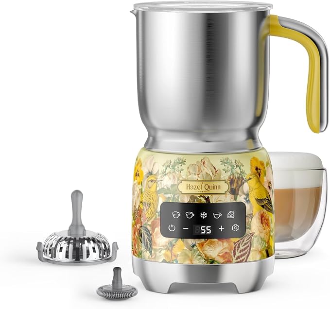 Hazel Quinn Milk Frother, Hot & Cold, Detachable Jug, 400ml 13.5oz, Floral | 5-in-1 electric milk frother and steamer, large capacity, stainless steel , dishwasher safe, for coffee/milk/hot choc