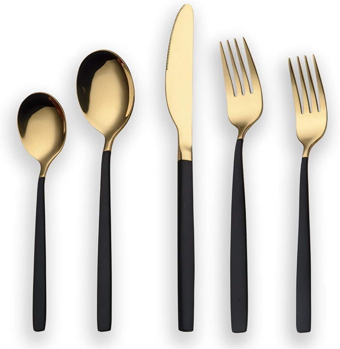 Berglander 20 Piece Titanium Black And Golden Plated Stainless Steel Flatware Set, Handle With Mouth Silverware Set And Cutlery Set Service for 4 (Shiny Black,Shiny Golden)