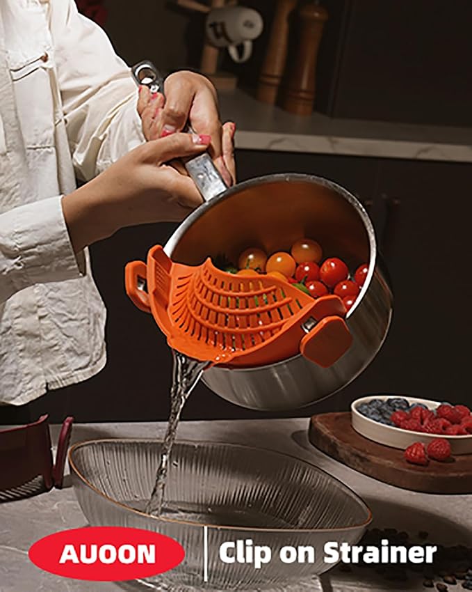 AUOON Pot Strainer Clip on Silicone, Large 10.45 x 4.33 in, Almond Rose | Fits Pots Pans Bowls, Dishwasher Safe, for Pasta Noodles Vegetable Fruits, Space-saving Kitchen Gadget