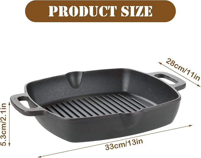 Cast Iron Grill Pan, 11 Inch Griddle Pan for Stove Top, Square Grill Pan with Handles for Stoves, Ovens, Barbecue