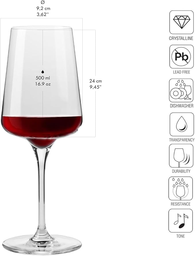 KROSNO Red Wine Glasses Set of 6, 16.9 oz, Infinity Collection | Wine Tumbler with Stem, Lead-Free Crystal Glassware, Drinking Glasses, Elegant Cups, Home & Restaurant, Dishwasher Safe