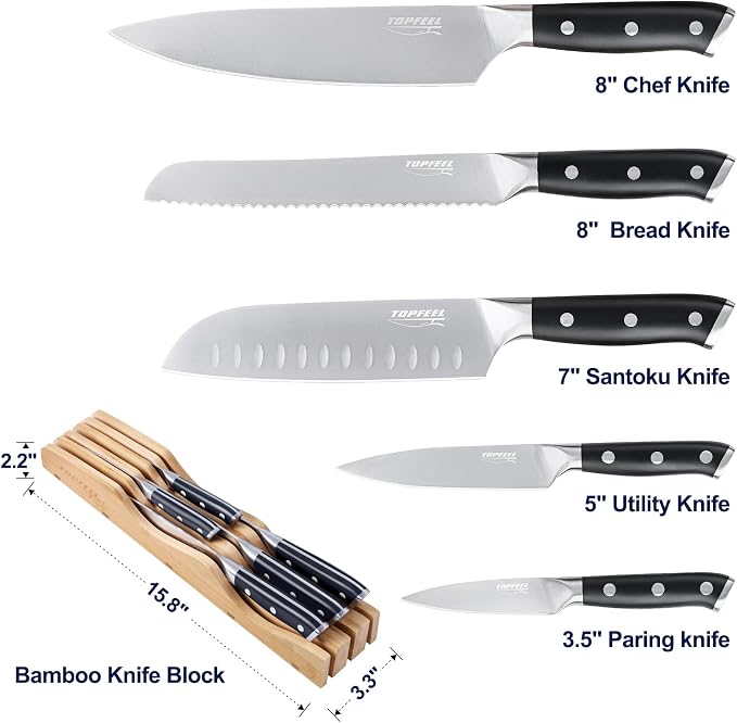 Topfeel 6PCS Kitchen Knife Set with In-Drawer Bamboo Knife Block | 8" chef,bread and Santoku knives, 5" utility and 3.5" paring knife with high-carbon stainless steel blades and gift box