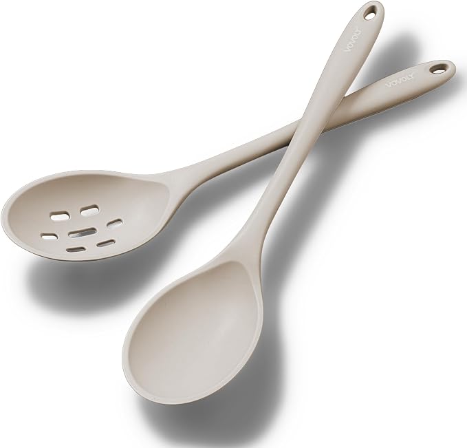 Silicone Slotted Spoons for Cooking - Extra Large Kitchen Spoons for Mixing, Serving, & Stirring - 600°F Heat-Resistant Non Stick Utensils Skimmer- Dishwasher Safe, Khaki