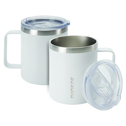 BJPKPK 2PCS Insulated Coffee Mug with Lid, 14oz Stainless Steel Tumbler | Travel Coffee Mug with Handle, Vacuum Insulated Tumbler Cup for Camping, Office, Home, BPA Free Lid, Hot & Cold