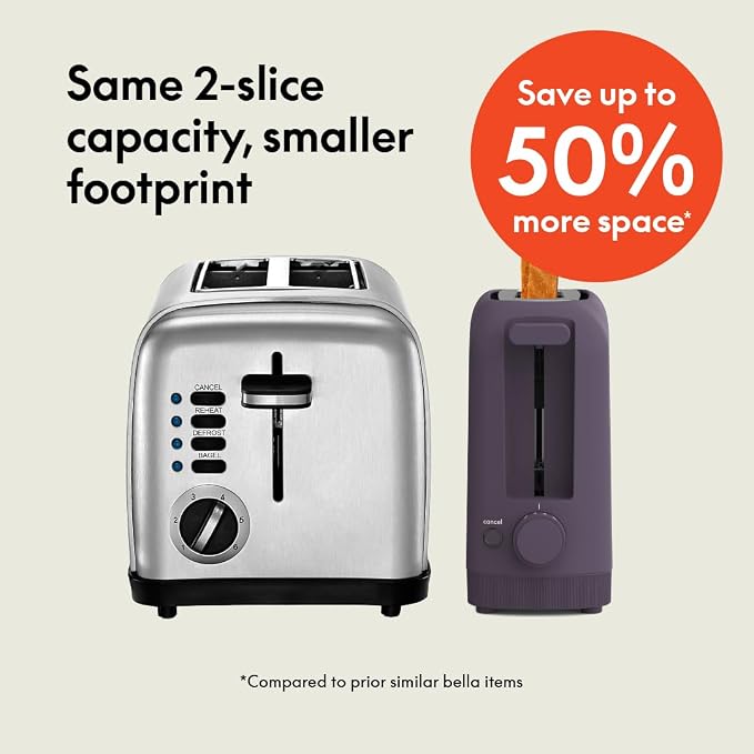 bella Fits-Anywhere™ 2-Slice Slim Toaster, Long Slot & Extra Wide, Plum