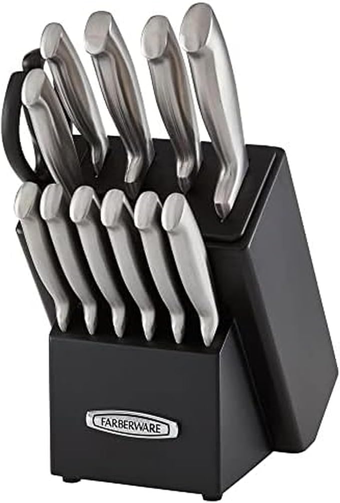 Farberware Self-Sharpening Knife Block Set, 13-Piece Kitchen Knife Set with EdgeKeeper Technology, High-Carbon Stainless Steel Blades, Ergonomic Hollow Handles, Black Wood Block