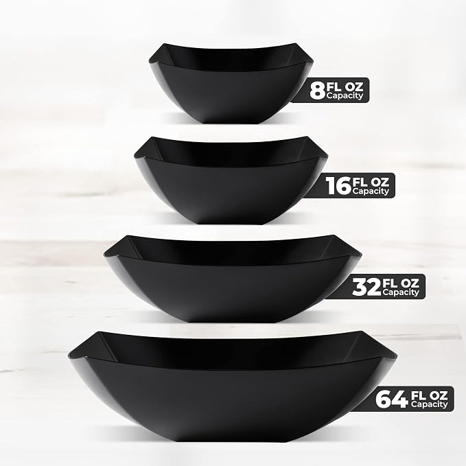 4 Pack Disposable Black Plastic Serving Bowls Square Party Candy Use 8oz | Square Design. Disposable Party Tableware. Salad, Fruit & Candy Use. Candy Buffet Containers. Black Plastic.