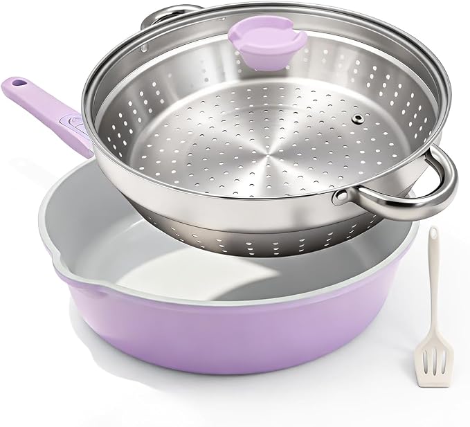AIKENBBKK 12 Inch Nonstick Deep Frying Pan with Steamer, Ceramic Skillet with Lid, Steamer Pan for Cooking, 5 QT Non Stick Saute Pan with Detachable Handle, PTFE & PFAS-Free, Purple