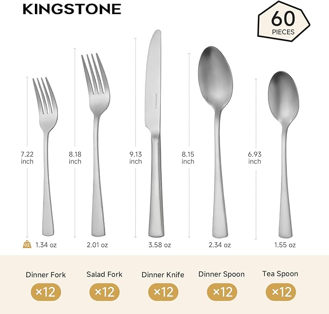 18/10 Flatware set for 12, 60 Piece Matte Stainless Steel Silverware Set | KINGSTONE Forged Flatware Cutlery Set, Mirror Polished Knives Fork and Spoon Utensils, Dishwaher Safe for Home Wedding Party