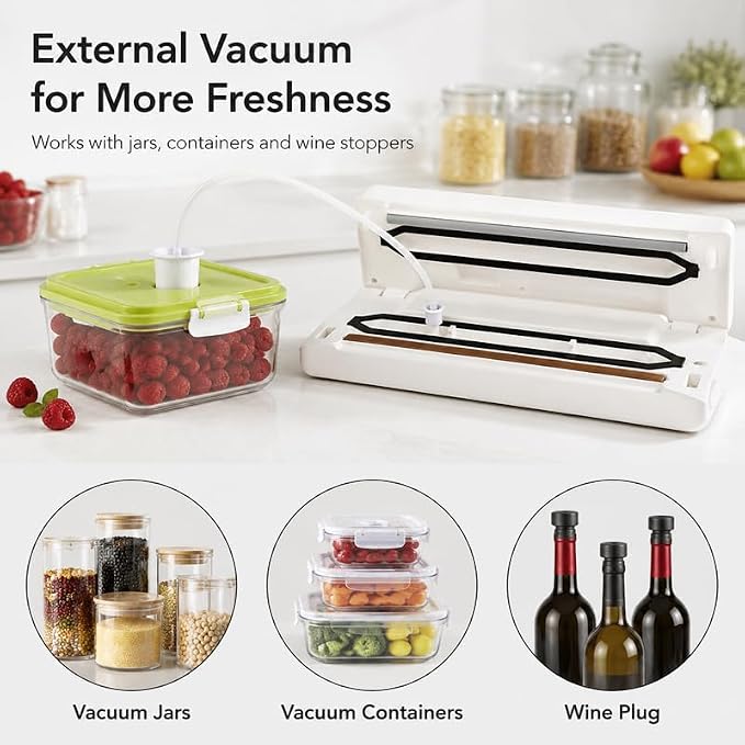 Vacuum Sealer Machine, 75KPa Automatic Food Sealer | with External Vacuum System, 7-in-1 Dry/Moist Modes, Compact Lightweight Design, Built-in Cutter + 10 Bags