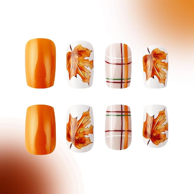 Fall Press on Nails Medium Square Fake Nails with Maple Leaves Plaid Designs Nails Press ons Orange Brown Acrylic Nails Full Cover Stick on Nails for Women 24 Pcs