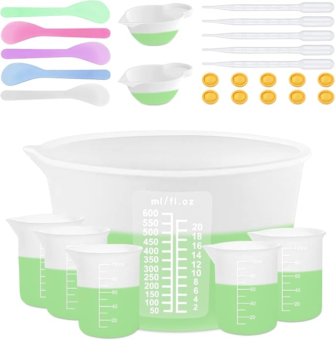 Sjubaopen Silicone Measuring Cups 600ml for Resin, Epoxy, Baking | Easy to clean, Heat Resistant, Thickened, 100ml+10ml, Stir Sticks, Droppers, Finger Cots for Wax,Chocolate, Jewelry
