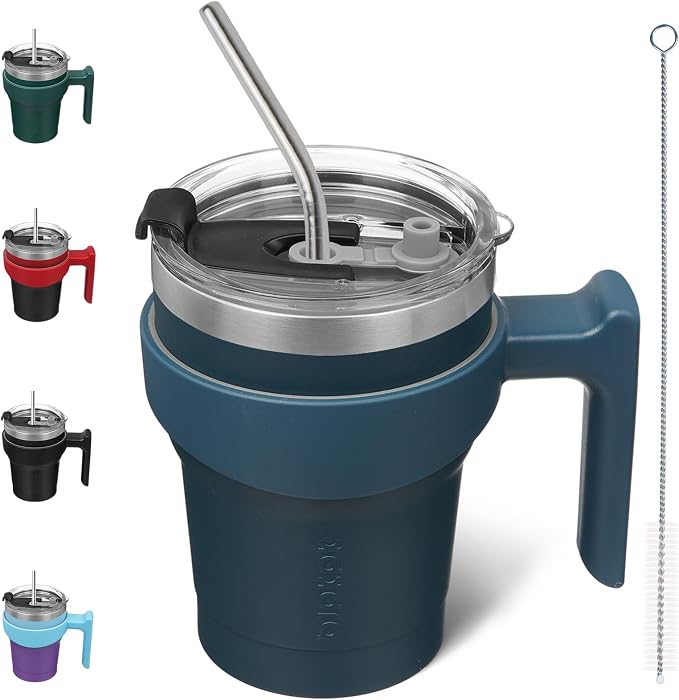 BJPKPK 10 oz Mini Tumbler with Lid, Straw & Handle, Insulated Steel Cup | Small, Spill Proof, Leak Proof, Thermal, Double Wall Vacuum, Sweatproof, Dishwasher Safe, BPA Free, Navy Blue