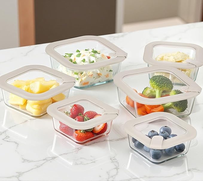 Glass Food Containers with Glass Lid, Microwave Safe Food Storage Container Set, 6 Pack Square Shape, Large Size Airtight Storage Set with Leak Proof Lids, Meal Prep Containers