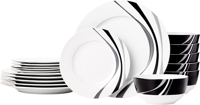 Amazon Basics 18-Piece Complete Kitchen Dinnerware Set, Microwave and Dishwasher Safe, Plates, Dishes, Bowls, Swirl, Heat Resistant, Service for 6, Everyday Use