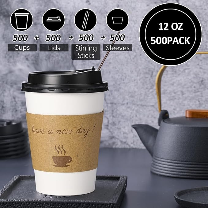 BYSNOW 500 pack 12 oz Bulk Disposable Coffee Cups with Lids Hot Paper Cups | To Go Insulated Coffee Cups for Home, Office, Cafes and Party (White 12oz)