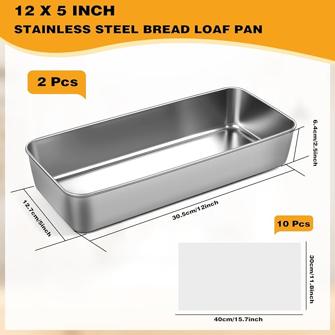 Large Loaf Pans, 12 x 5 Inch Stainless Steel Loaf Pans for Baking | 2 Pack Bread Pans Tins w/ Parchment, Bread Loaf Baking Pan for Meatloaf, Cake, Brownies, Non Toxic, Oven & Dishwasher Safe
