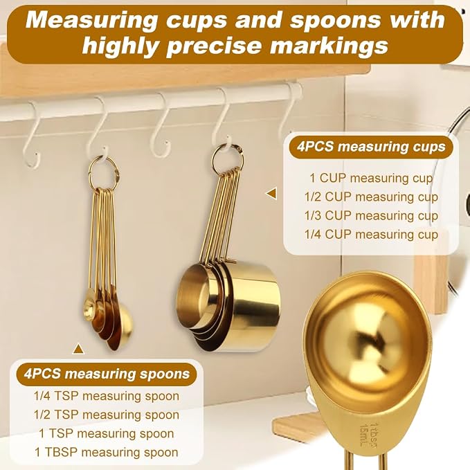 8pcs Measuring Cups and Spoons Set, Stainless Steel Measuring Cup Coffee Spoon Kitchen Gadgets, Stackable Measurin-g Cup Cooking Baking Accessories, Easy To Read(COLOR:gold)