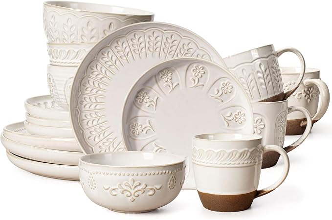 Plates And Bowls Sets, 16 Pieces Dinnerware Sets, Dish Set For 4, Ceramic Kitchen Bowl And Plate Set, Embossed White Dishware Sets, Dishwasher & Microwave Safe (Multiple Patterns) (With Mugs)