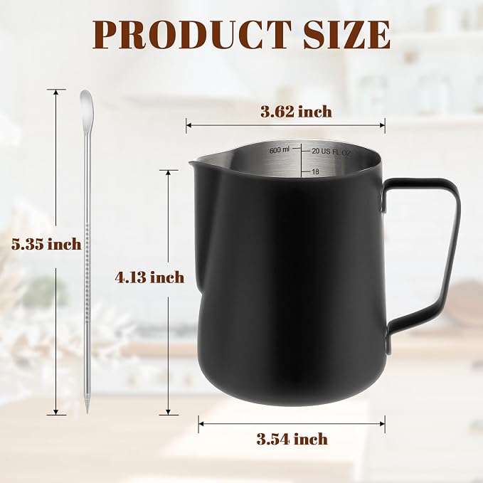 Amrules Milk Frothing Pitcher, 20oz Milk Frother Cup with Clear Scale, 304 Stainless Steel Cappuccino Espresso Machine Accessories for Barista Coffee Bar with Latte Art Pen, Black