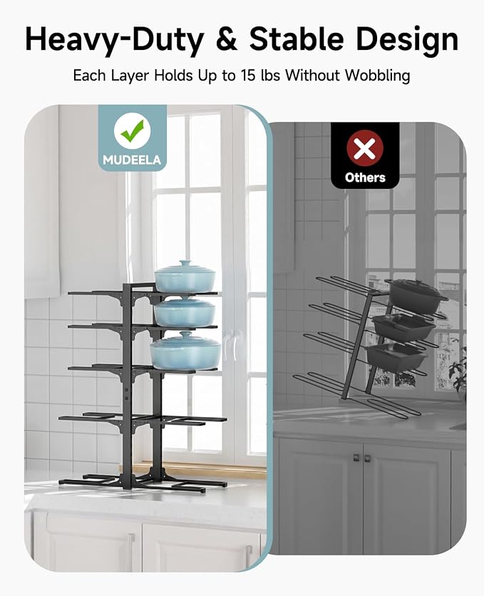 MUDEELA 10-Tier Pots and Pans Organizer Rack, 23.62" H for Cast-iron Pans | Adjustable heavy-duty pot rack, Holds big stockpots, cookware & skillets, Fits under cabinet on countertops, Kitchen storage