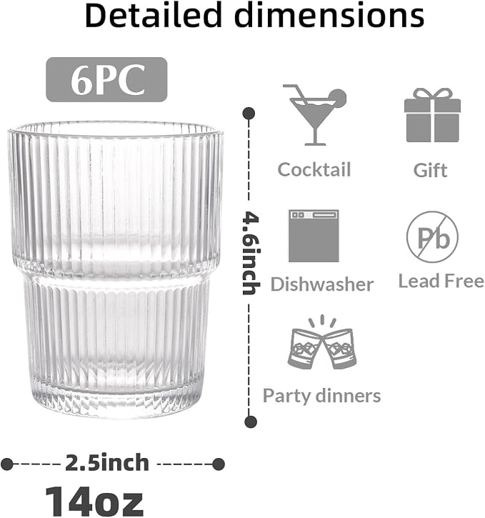Set of 6 Cute Ribbed Glassware,14oz Vintage Clear Glass Tumbler, Origami Style, Fluted Design, Ideal for Water, Iced Coffee, Juice, Milk Tea, Latte, Housewarming Gift