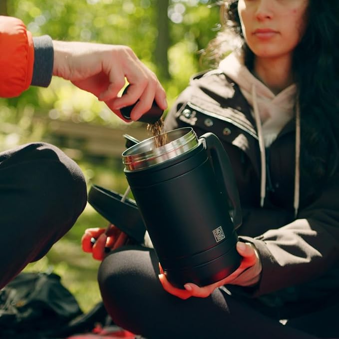 BruTrek by Planetary Design | BaseCamp French Press | 48 fl.oz - Obsidian | Double Wall Insulated Stainless Steel - Bru-Stop Technology, No Grounds in Coffee, No Spill Lid (Obsidian, 48 fl.oz)