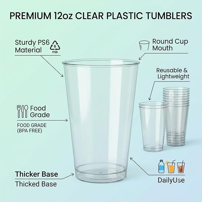 Byvivace 100Counts 12 OZ. Hard Plastic Cups Fancy Disposable Cups for Party, Clear Elegant Wedding Cups Disposable Wine Glasses for Wine, Juice, Cocktails and Cold Beverages