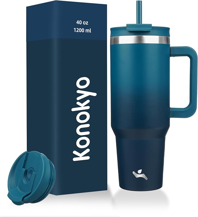 Konokyo 40 oz Insulated Tumbler Water Bottle with Handle, Straw Lid | BPA-free and dishwasher safe; made for gym, travel, coffee and gifting, 2 straws, cup holder friendly,Indigo Black