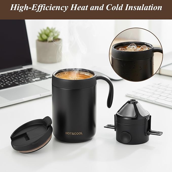 Portable 16oz Pour Over Coffee Maker Set with Spoon and Brush | Insulated Camping Coffee Maker with Foldable Filter & Stirrer & Cleaning Brush for Travel Camping Offices Backpacking