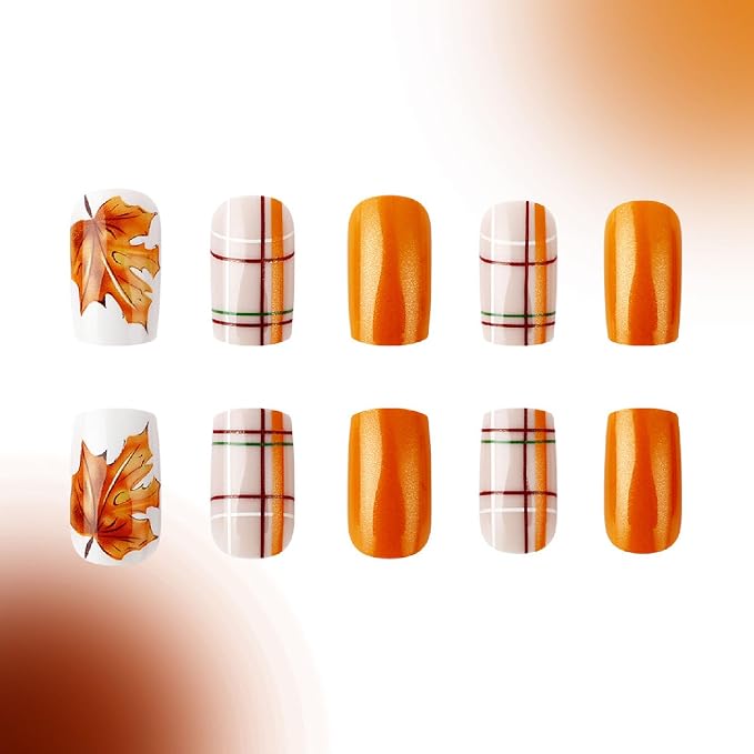 Fall Press on Nails Medium Square Fake Nails with Maple Leaves Plaid Designs Nails Press ons Orange Brown Acrylic Nails Full Cover Stick on Nails for Women 24 Pcs