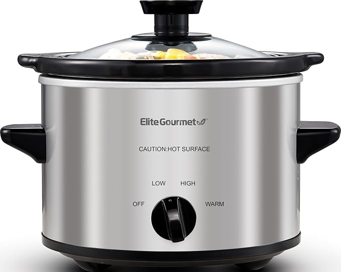 Maxi-Matic MST-250XS Electric Ceramic Slow Cooker, 1.5 Qt, Stainless Steel | Adjustable Temp, Dishwasher-Safe Glass Lid & Crock - Great for Entrees, Sauces, Stews & Dips