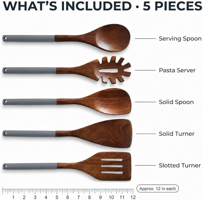 DI ORO Wooden Kitchen Utensil Set - 5 Pc Spoon & Spatula, Dark Grey | Won't scratch nonstick pots and pans; Natural hardwood, easy to hand wash; For cooking, serving, stirring, and turning