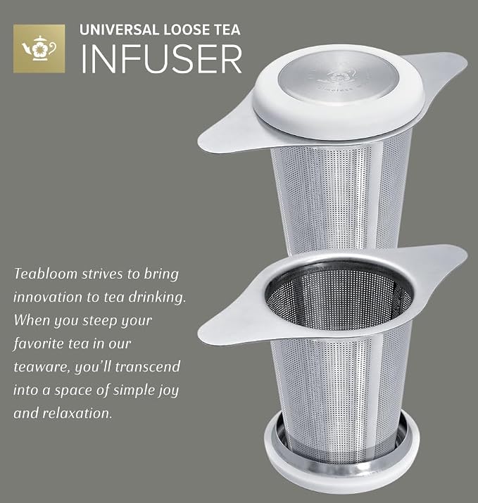 Teabloom Universal Loose Tea Infuser with Dual-Purpose Lid/Dish – Fits Cups, Mugs, Teapots – Tea Connoisseur's Choice – Steep Tea or Coffee